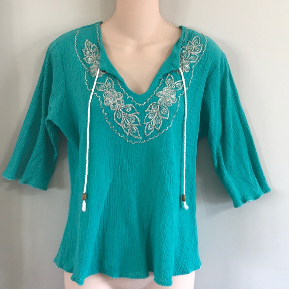 Handmade artisan made embroidered teal top boho